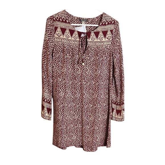 Billabong Burgundy Geometric Long Sleeve Boho Dress - Picture 1 of 12